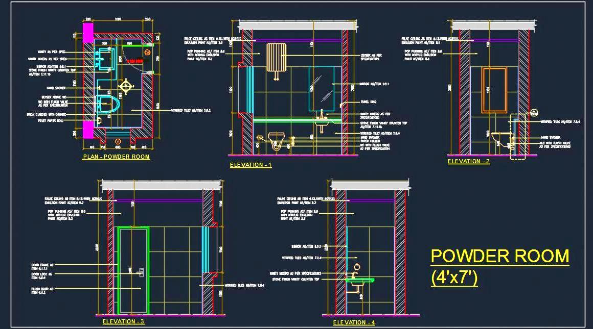 Powder Room CAD Drawing with Elevations & Specs